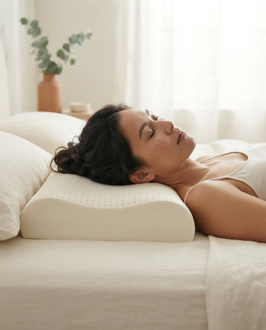 TheraFlex pillow resting on a made bed